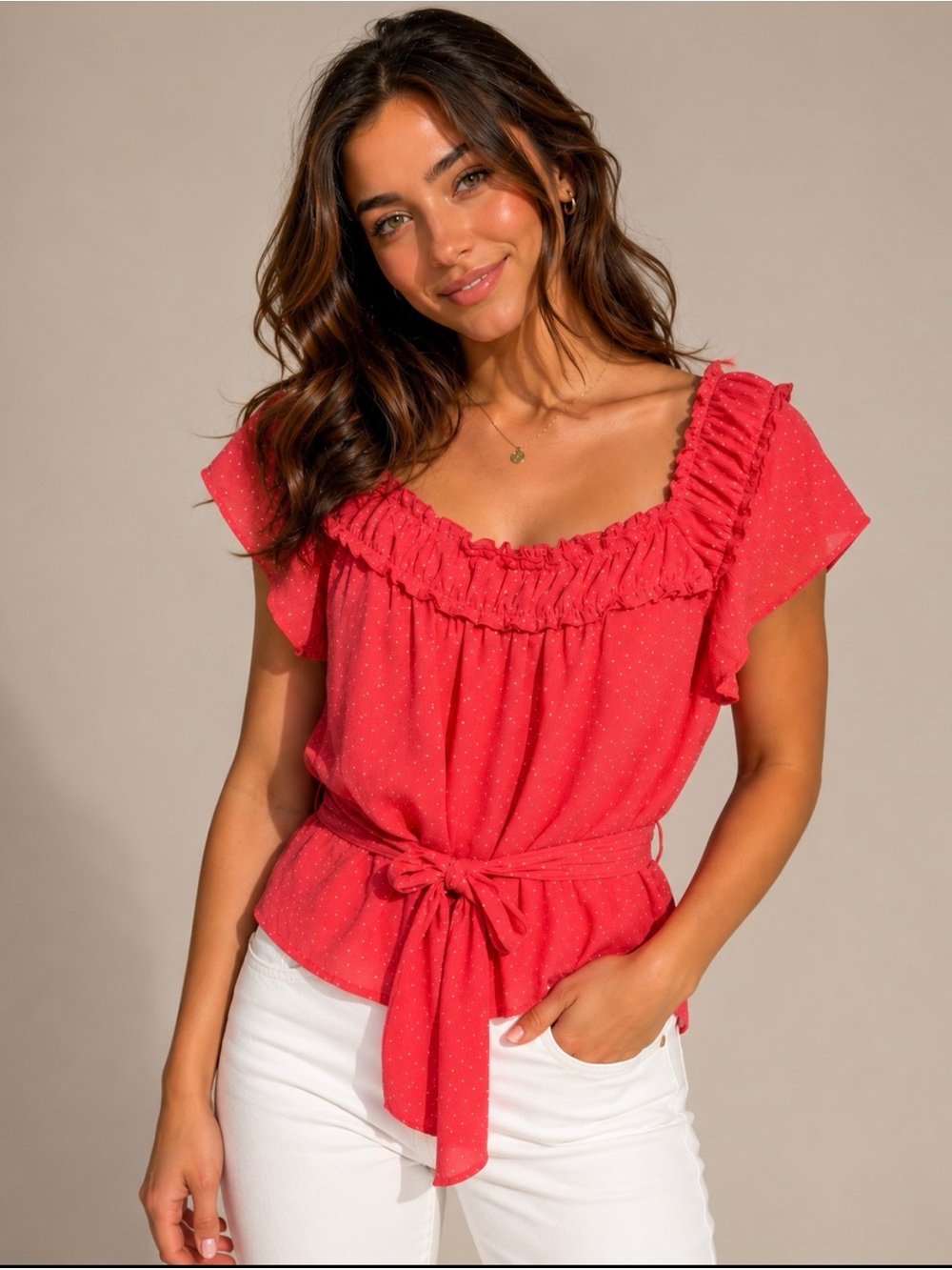 🧡 WILLI SMITH Coral and Tony Polka Dot Ruffle-Neck, Tie-Waist Top